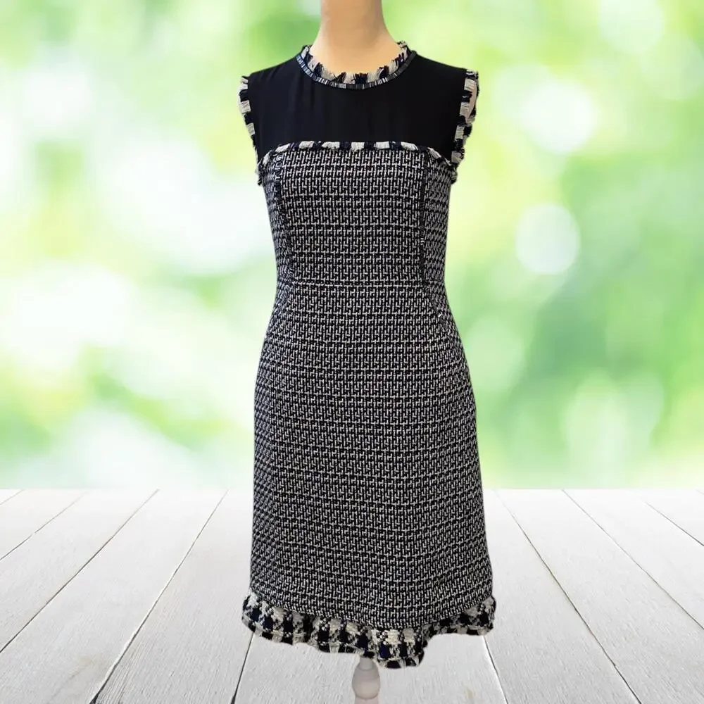 TORY BURCH Tweed Sheath Dress Mixed Media Fringe Beaded Seams Navy Cream Size 2